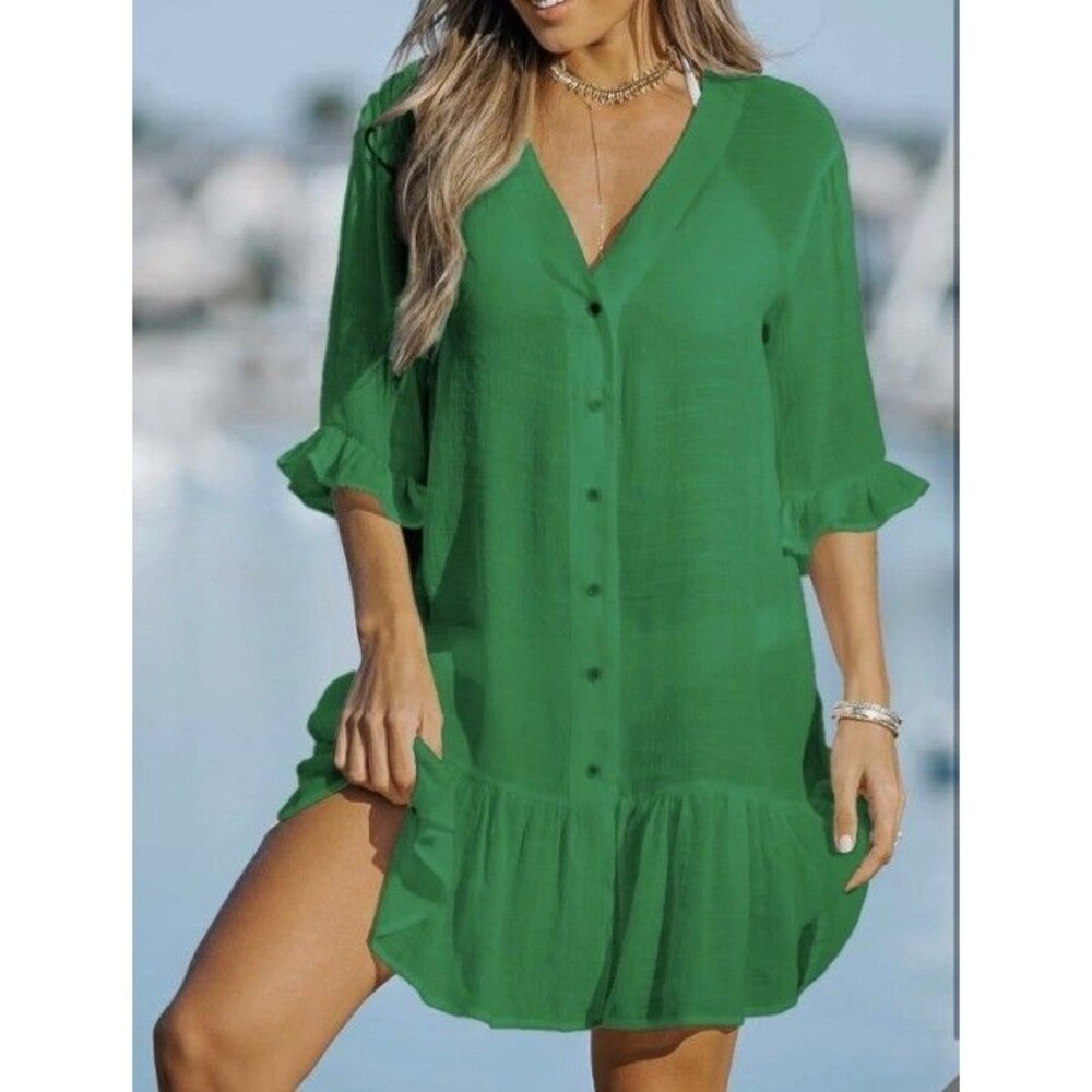 NWT Cupshe Emerald Green Ruffled Button-Front Cover-Up Dress Size Large